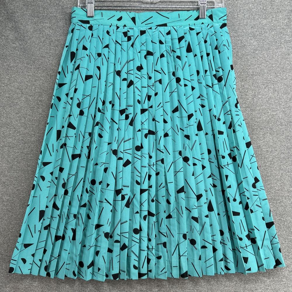 Vintage Chaus Petites Skirt Womens 14 Teal Geometric Pleated Midi Elastic Waist